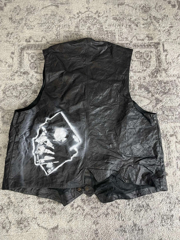 Veste en cuir sans manche style motard handmade streetwear y2k peinture moto XL n•383