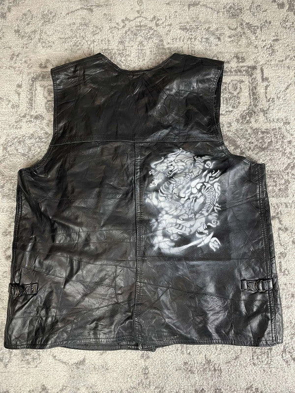 Veste en cuir sans manche style motard handmade streetwear y2k peinture moto XXL n•384