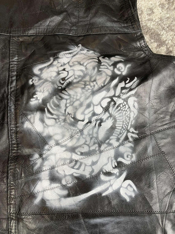 Veste en cuir sans manche style motard handmade streetwear y2k peinture moto XXL n•384