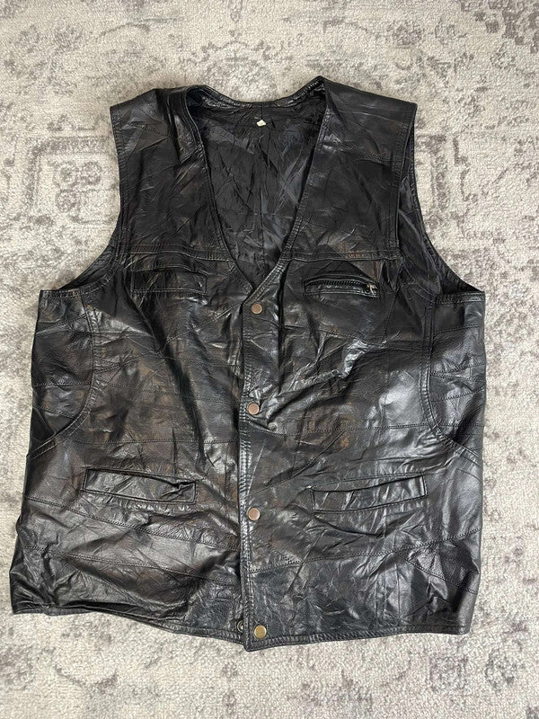 Veste en cuir sans manche style motard handmade streetwear y2k peinture moto XXL n•384