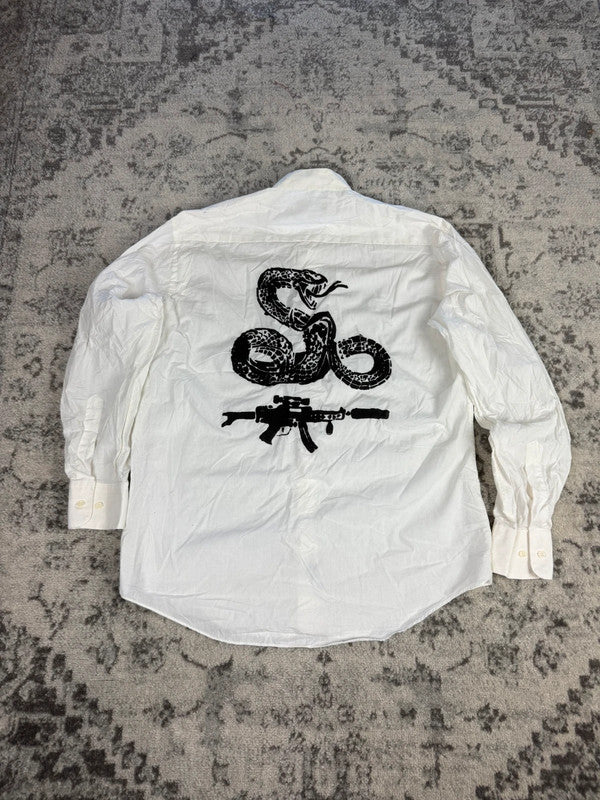 Chemise blanche col mao design streetwear y2k hip-hop fait main taille L n•490