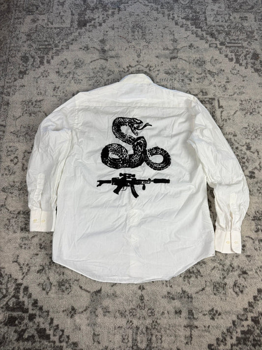 Chemise blanche col mao design streetwear y2k hip-hop fait main taille L n•490