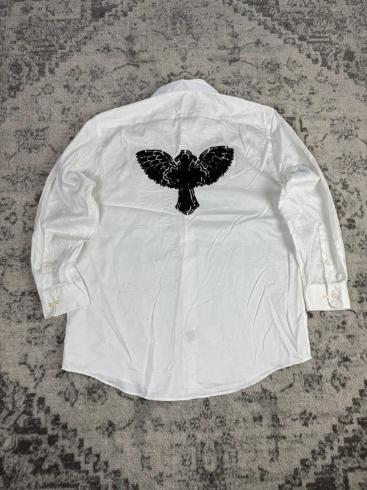 Chemise blanche design streetwear y2k hip-hop fait main taille L n•499