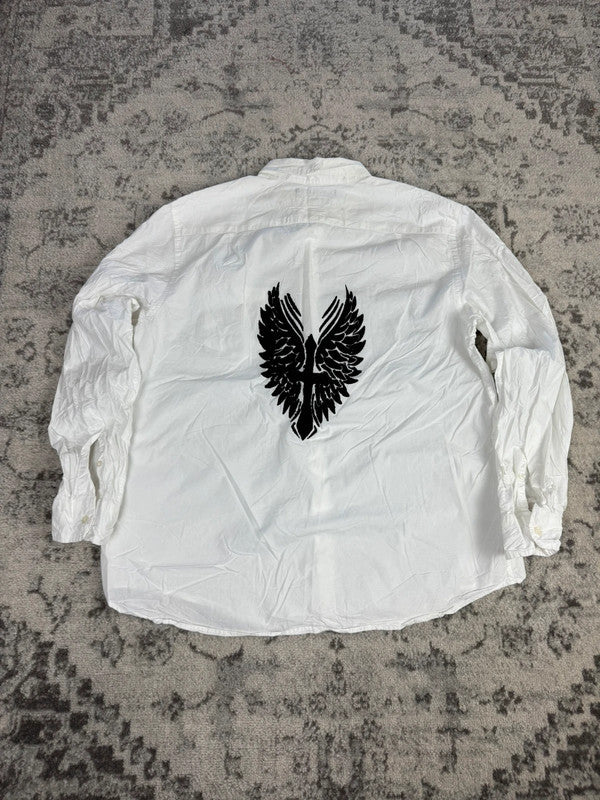 Chemise blanche design streetwear y2k hip-hop fait main taille XL n•502