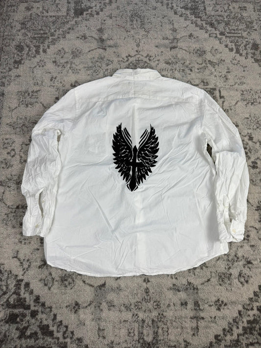 Chemise blanche design streetwear y2k hip-hop fait main taille XL n•502