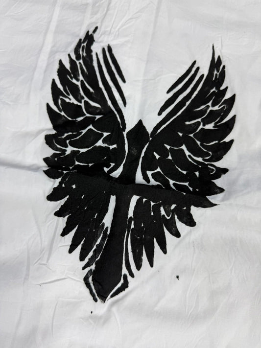 Chemise blanche manche courte design streetwear y2k hip-hop fait main taille L n•506