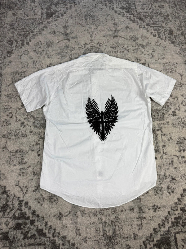 Chemise blanche manche courte design streetwear y2k hip-hop fait main taille L n•506