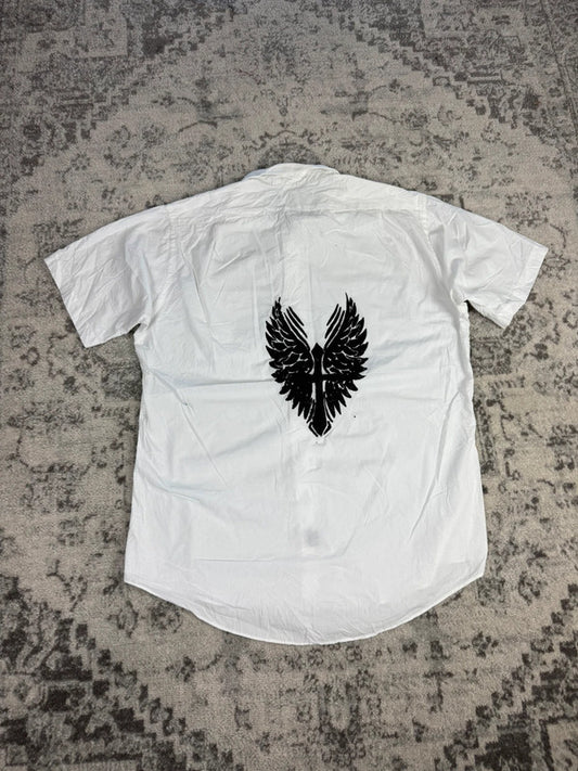 Chemise blanche manche courte design streetwear y2k hip-hop fait main taille L n•506