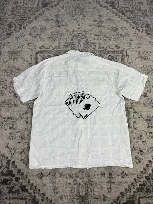 Chemise blanche manche courte design streetwear y2k hip-hop fait main taille M n•507