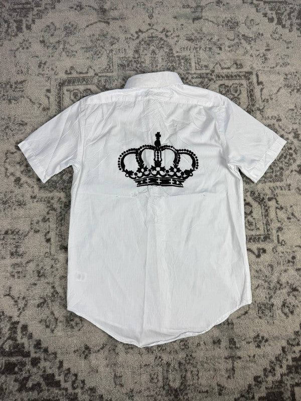 Chemise blanche manche courte design streetwear y2k hip-hop fait main taille S n•508