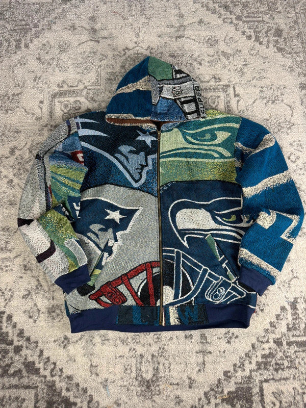 Manteau en tapisserie design unique vintage fait main upcyclé retravaillé tissé taille M n•448
