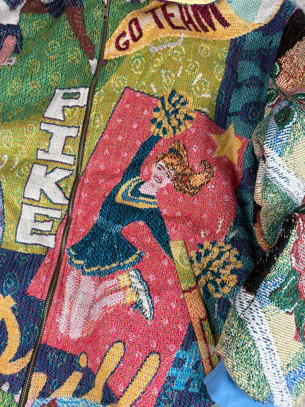 Manteau en tapisserie design unique vintage fait main upcyclé retravaillé tissé taille L n•445