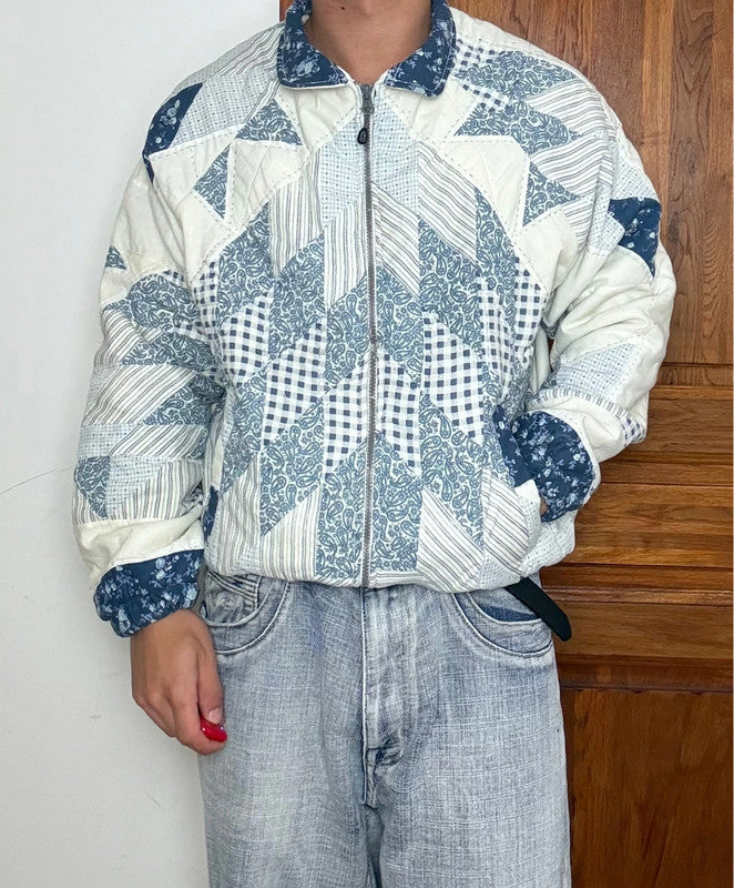 Veste en quilt crop style sportswear design unique vintage fait main upcyclé retravaillé n•630