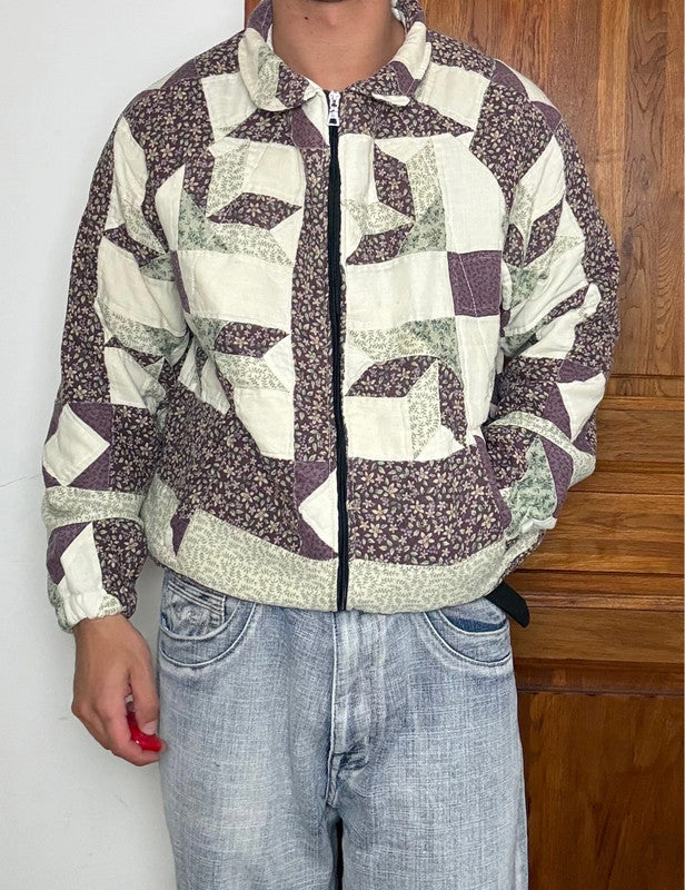 Veste en quilt crop style sportswear design unique vintage fait main upcyclé retravaillé n•645