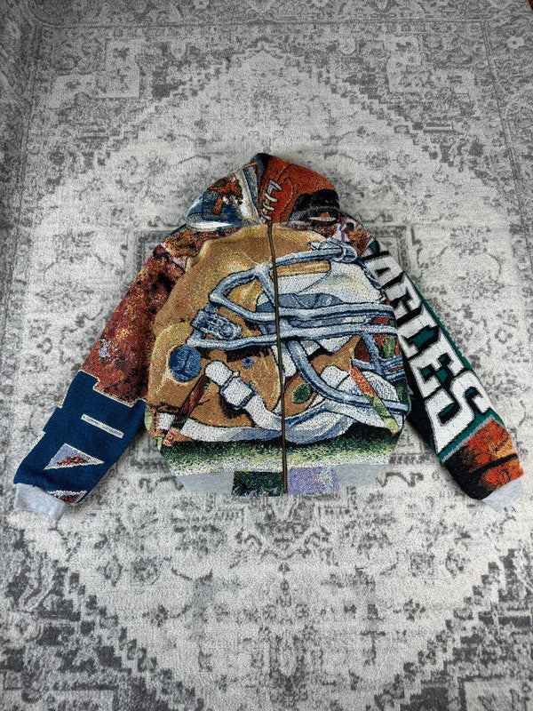 Veste en tapisserie design unique vintage fait main upcyclé retravaillé tissé taille XS n•677
