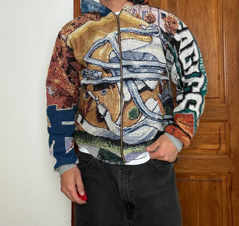 Veste en tapisserie design unique vintage fait main upcyclé retravaillé tissé taille XS n•677