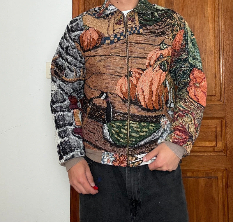 Veste en tapisserie design unique vintage fait main upcyclé retravaillé tissé taille XS n•680