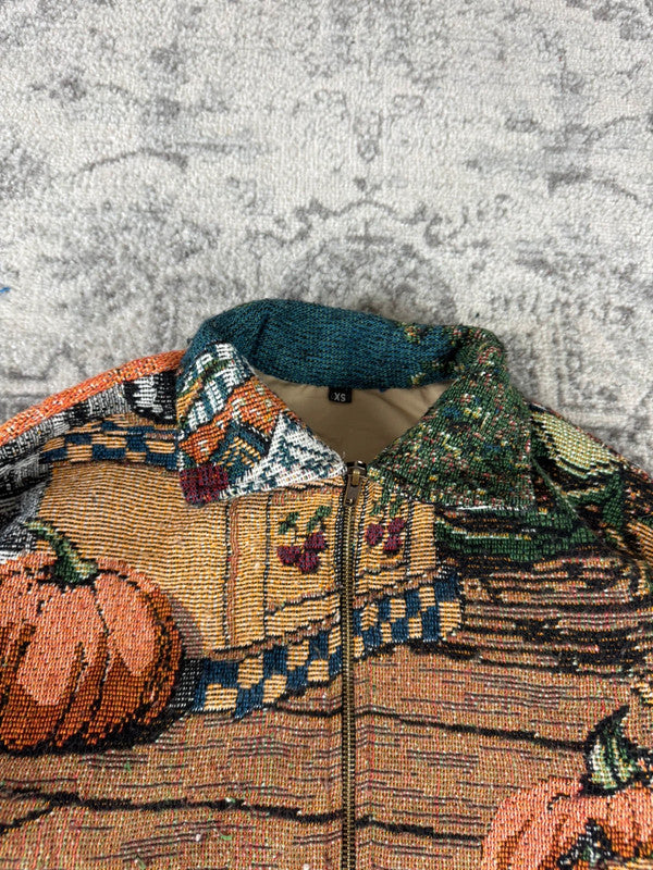 Veste en tapisserie design unique vintage fait main upcyclé retravaillé tissé taille XS n•680