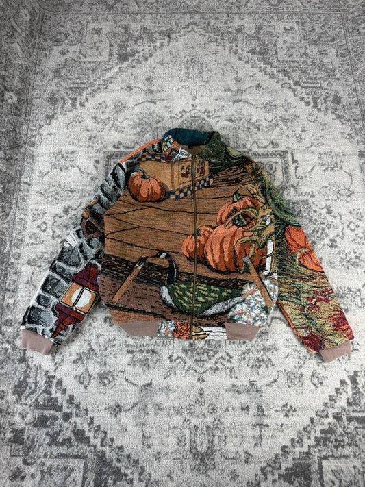 Veste en tapisserie design unique vintage fait main upcyclé retravaillé tissé taille XS n•680