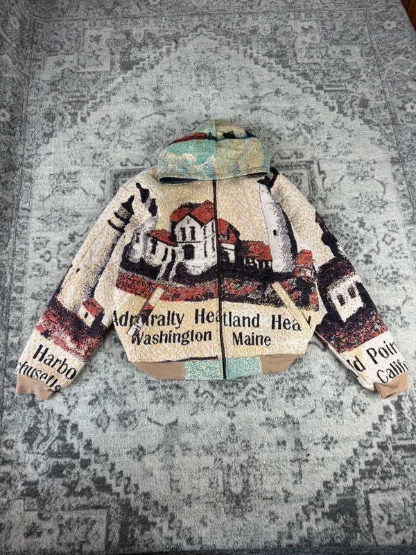 Veste en tapisserie design unique vintage fait main upcyclé retravaillé tissé taille S n•687