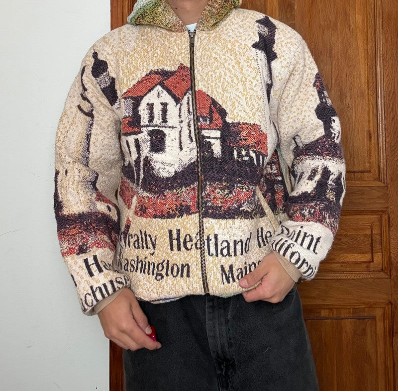 Veste en tapisserie design unique vintage fait main upcyclé retravaillé tissé taille S n•687