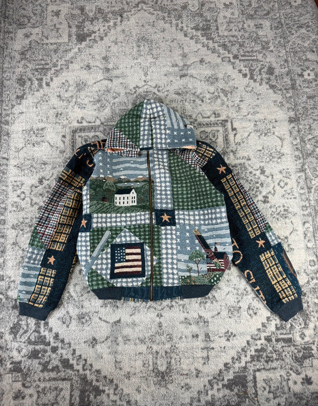 Veste en tapisserie design unique vintage fait main upcyclé retravaillé tissé taille S n•688