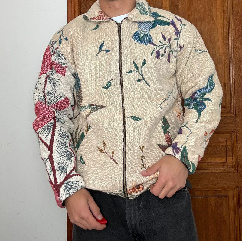 Veste en tapisserie design unique vintage fait main upcyclé retravaillé tissé taille S n•689