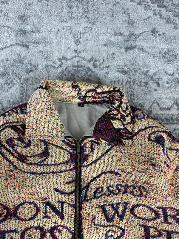 Veste en tapisserie design unique vintage fait main upcyclé retravaillé tissé taille S n•690