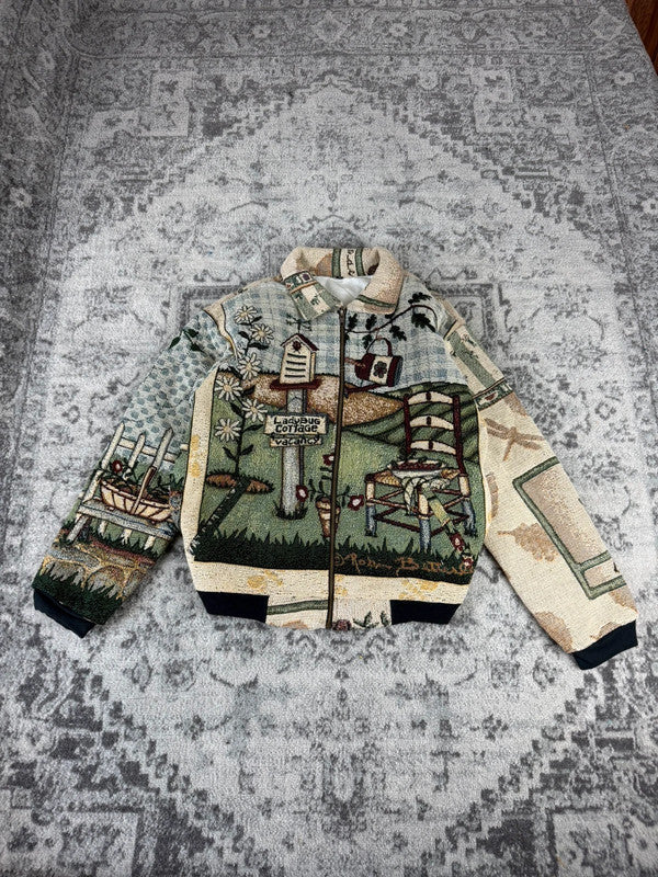 Veste en tapisserie design unique vintage fait main upcyclé retravaillé tissé taille S n•691