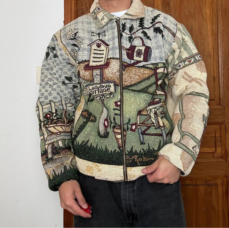 Veste en tapisserie design unique vintage fait main upcyclé retravaillé tissé taille S n•691