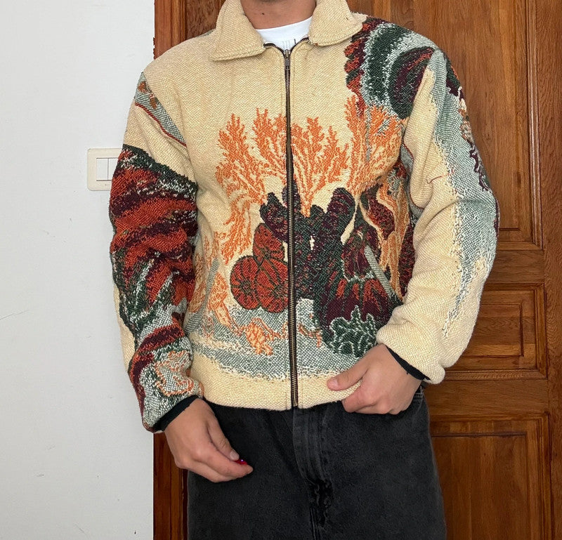 Veste en tapisserie design unique vintage fait main upcyclé retravaillé tissé taille S n•693