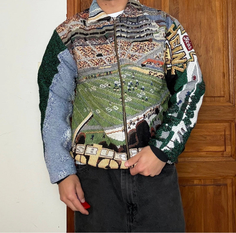 Veste en tapisserie design unique vintage fait main upcyclé retravaillé tissé taille S n•699