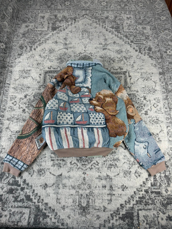 Veste en tapisserie design unique vintage fait main upcyclé retravaillé tissé taille S n•698