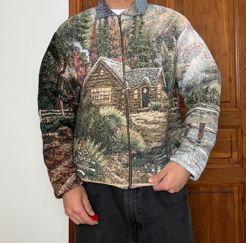 Veste en tapisserie design unique vintage fait main upcyclé retravaillé tissé taille S n•701-