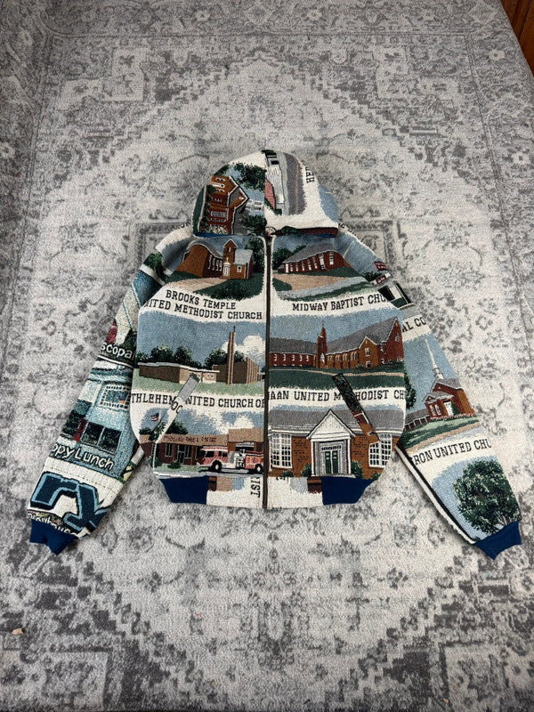 Veste en tapisserie design unique vintage fait main upcyclé retravaillé tissé taille M n•704