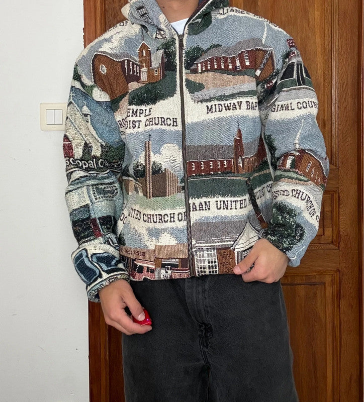 Veste en tapisserie design unique vintage fait main upcyclé retravaillé tissé taille M n•704