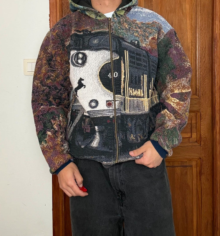 Veste en tapisserie design unique vintage fait main upcyclé retravaillé tissé taille M n•706
