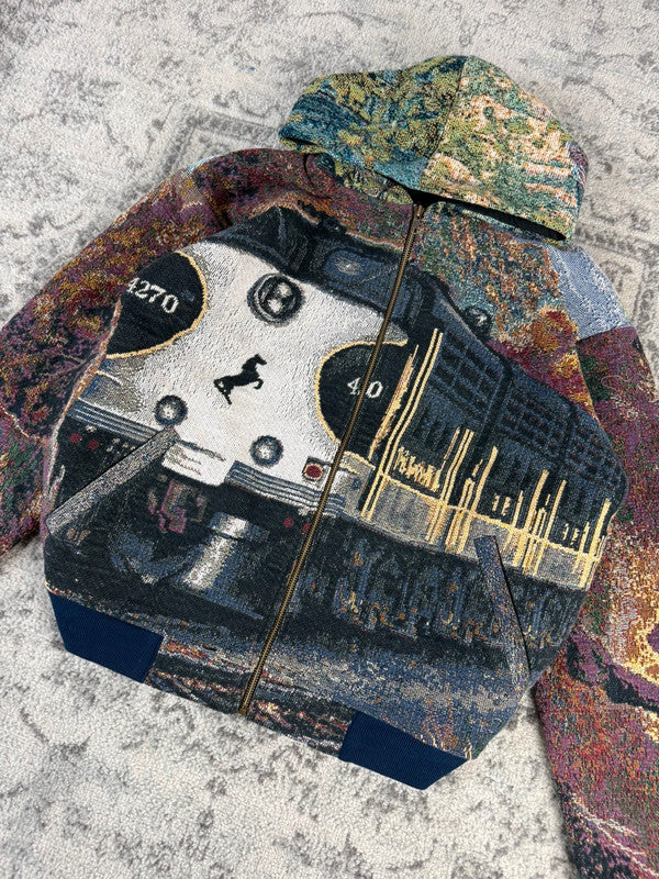 Veste en tapisserie design unique vintage fait main upcyclé retravaillé tissé taille M n•706