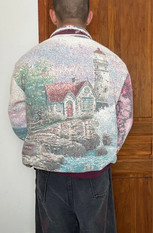 Veste en tapisserie design unique vintage fait main upcyclé retravaillé tissé taille M n•709