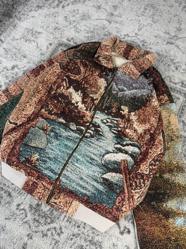 Veste en tapisserie design unique vintage fait main upcyclé retravaillé tissé taille M n•712