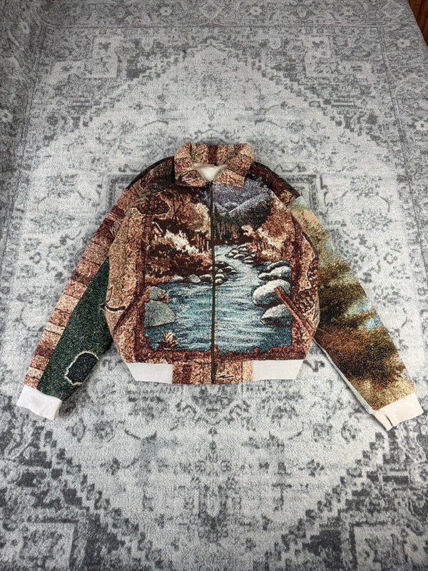 Veste en tapisserie design unique vintage fait main upcyclé retravaillé tissé taille M n•712