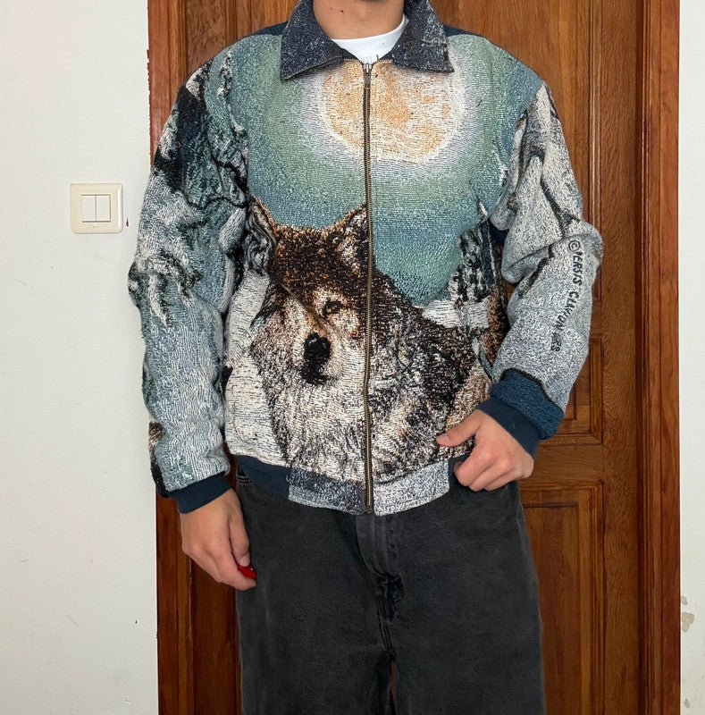 Veste en tapisserie design unique vintage fait main upcyclé retravaillé tissé taille M n•713