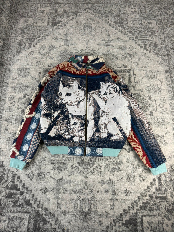 Veste en tapisserie design unique vintage fait main upcyclé retravaillé tissé taille M n•718