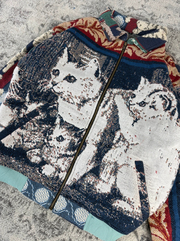 Veste en tapisserie design unique vintage fait main upcyclé retravaillé tissé taille M n•718