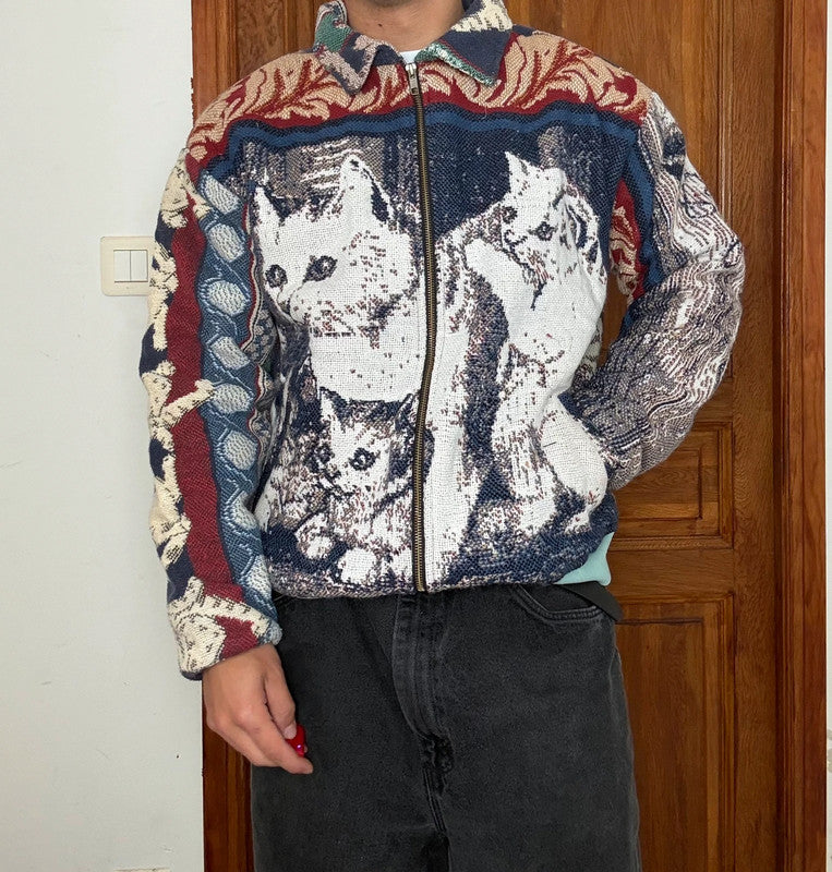 Veste en tapisserie design unique vintage fait main upcyclé retravaillé tissé taille M n•718