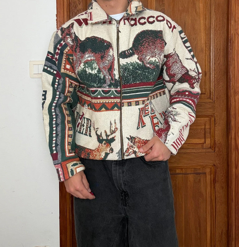 Veste en tapisserie design unique vintage fait main upcyclé retravaillé tissé taille M n•719