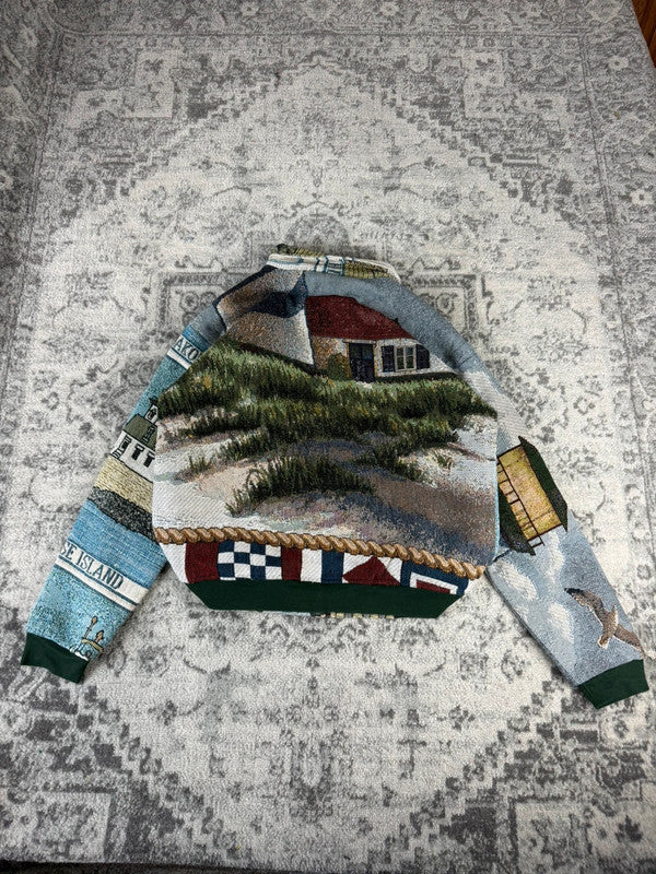 Veste en tapisserie design unique vintage fait main upcyclé retravaillé tissé taille M n•722