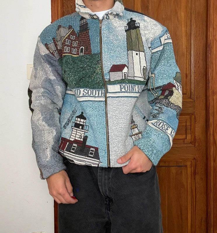 Veste en tapisserie design unique vintage fait main upcyclé retravaillé tissé taille M n•722
