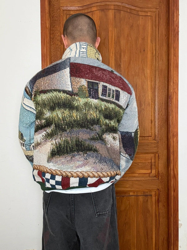 Veste en tapisserie design unique vintage fait main upcyclé retravaillé tissé taille M n•722