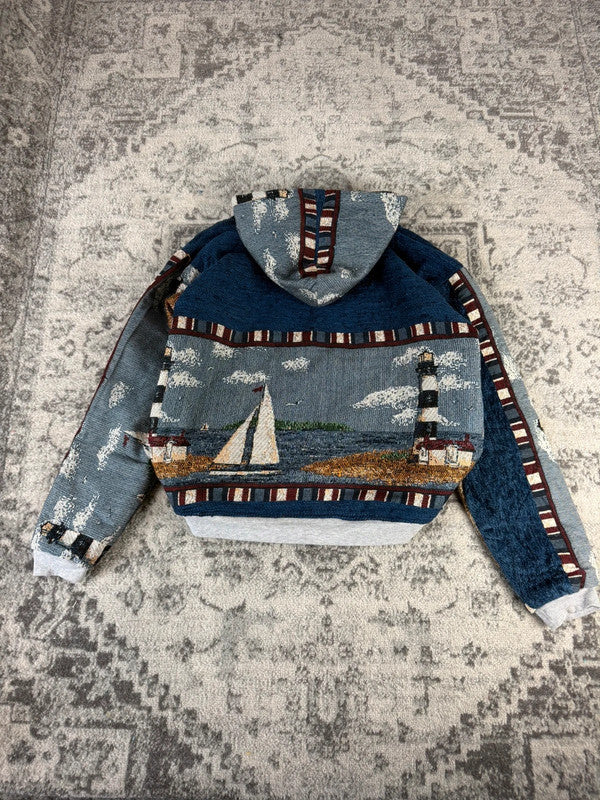 Veste en tapisserie design unique vintage fait main upcyclé retravaillé tissé taille L n•725